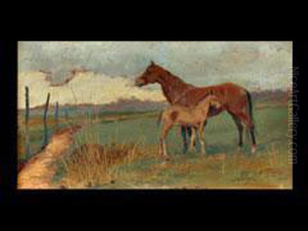 Stute Und Fohlen In Campagnalandschaft Oil Painting by Luigi Norfini