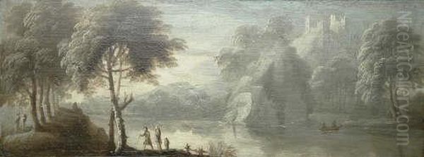 Norrie Figures On A Lake And Walking Beneath Trees, In A Cappriccio Landscape Oil Painting by James Norie