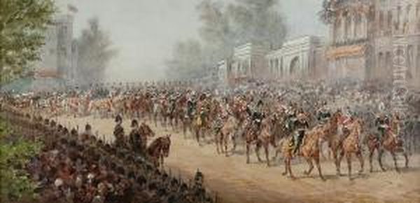 The Queen's Procession Passing Hyde Park Corner Oil Painting by Orlando Norie