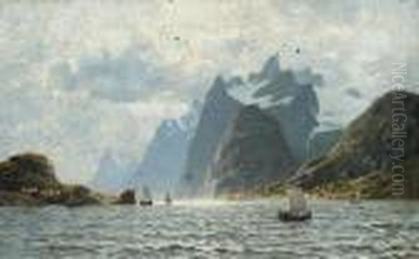 Fishing Vessels On A Norwegian Fjord Oil Painting by Adelsteen Normann