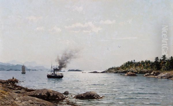 Steamboat And Ships At The Coast Oil Painting by Adelsteen Normann