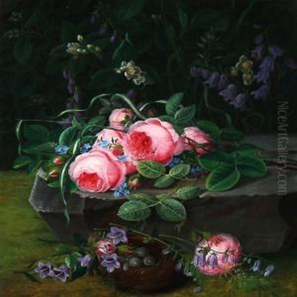 A Bunch Of Pink Roses And Forget-me-nots On A Stone In Theforest Floor Oil Painting by Christine Normann