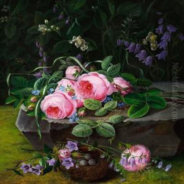 A Bunch Of Pink Roses And Forget-me-nots On A Stone In The Forest Floor Oil Painting by Christine Normann