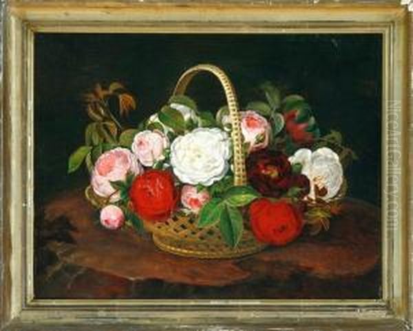 A Still Life With Roses In A Basket Oil Painting by Christine Normann