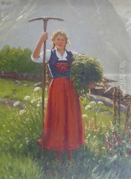 Young Girl With A Rake Oil Painting by Emil Wilhelm Normann