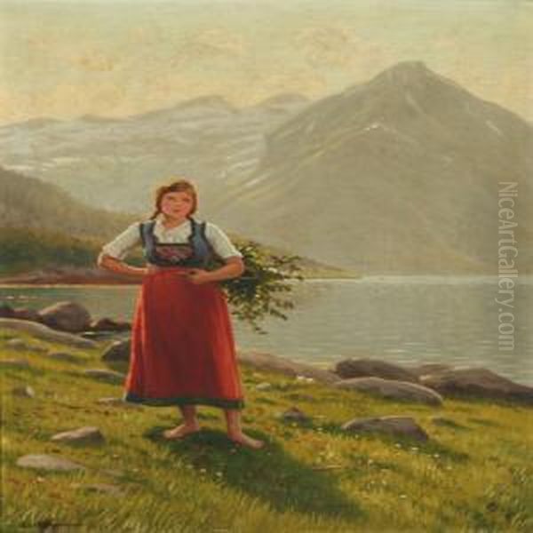 Norwegian Landscape With A Young Woman Oil Painting by Emma Pastor Normann