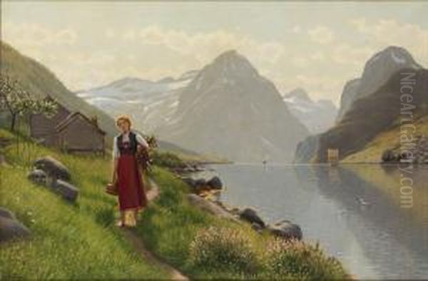 Fjordlandskap Med Flicka Oil Painting by Emma Pastor Normann