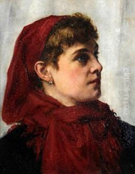 A Lady Wearing A Red Headscarf Oil Painting by John William North