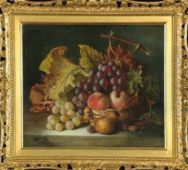 A Still-life Study Of Grapes, Plums And A Pear In A Wicker Basket Oil Painting by Mrs. Frederick North