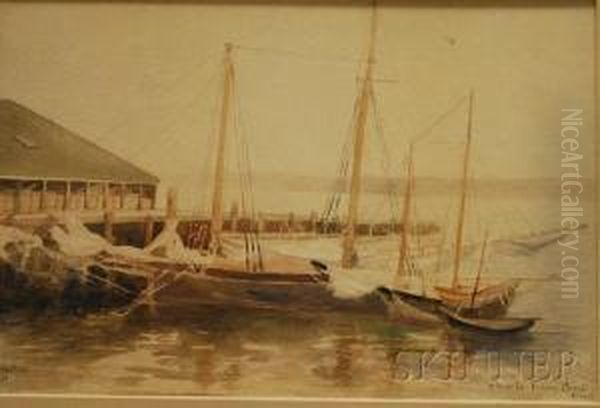 Gloucester Fishing Boats & Wharf Oil Painting by Agnes F Northrop