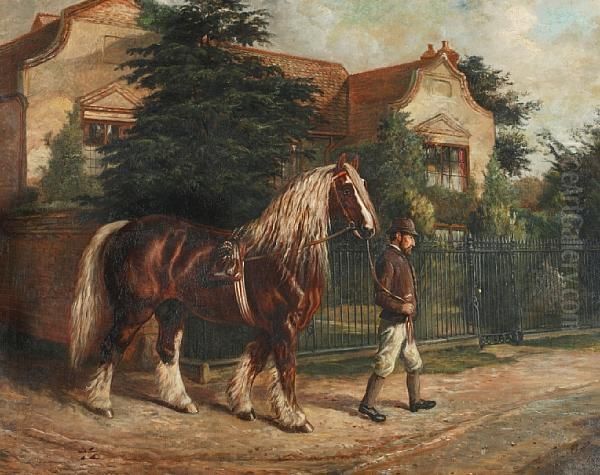 Groom Leading A Chestnut Dray Horse Before A House Oil Painting by Benjamin Cam Norton