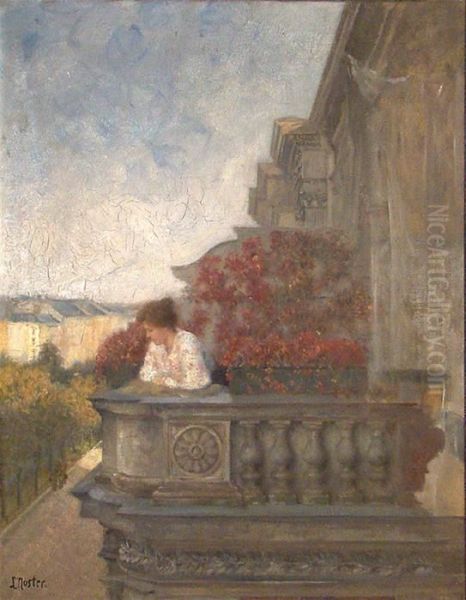 Sommerliche Grosstadt Mit Dame, Von Ihrem Balkon Blickend Oil Painting by Ludwig Noster