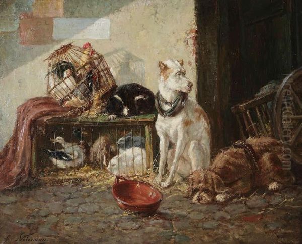 Honden, Konijnen En Kippen. Oil Painting by Emmanuel Noterman