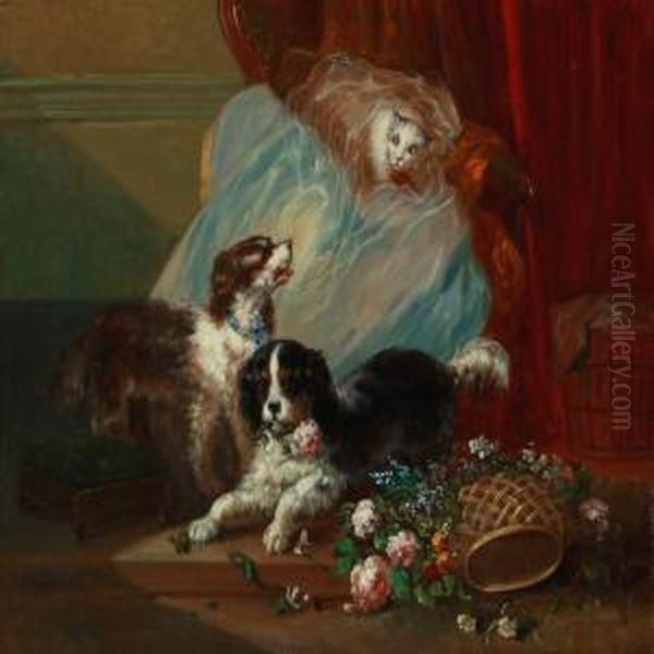 Dogs And A Cat Playing Oil Painting by Zacharias Notermann