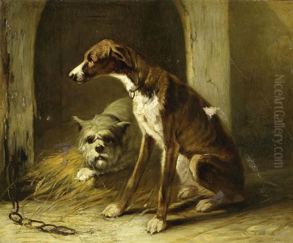 Two Dogs In Front Of A Dog House Oil Painting by Zacharias Notermann