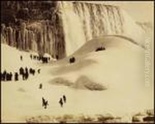 People Near Frozen Waterfall Oil Painting by William Mcfarlane Notman