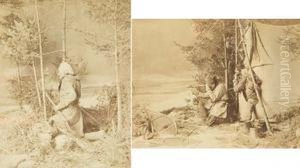 Two Views: Elk Hunting: Stalking The Game; And Caribou Hunting: Game In Sight. Oil Painting by William Mcfarlane Notman