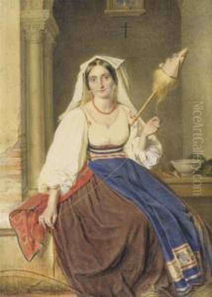 Italian Woman With Spindle Oil Painting by Johannes Notz