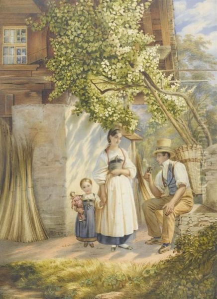 Family Idyll Before A Peasant House Oil Painting by Johannes Notz