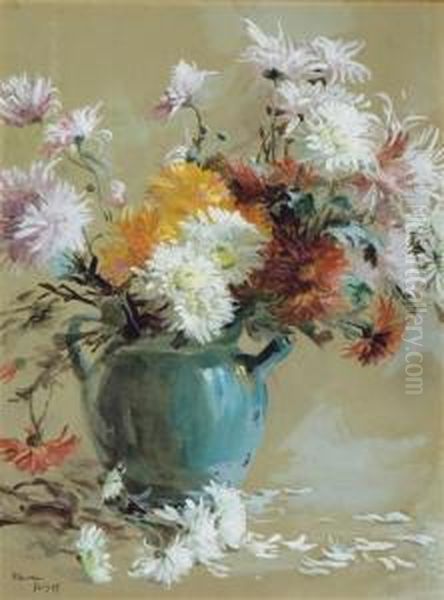 Mums In A Teapot Oil Painting by Elizabeth Nourse