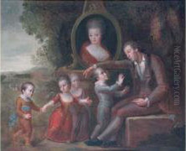 Le Pere De Famille Et Ses Quatre Enfants Sous Le Portrait De La Mere. Oil Painting by Jacques Noury