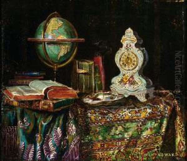 Still Life With A Globe, A Clock And Books Oil Painting by Wilhelm Novak