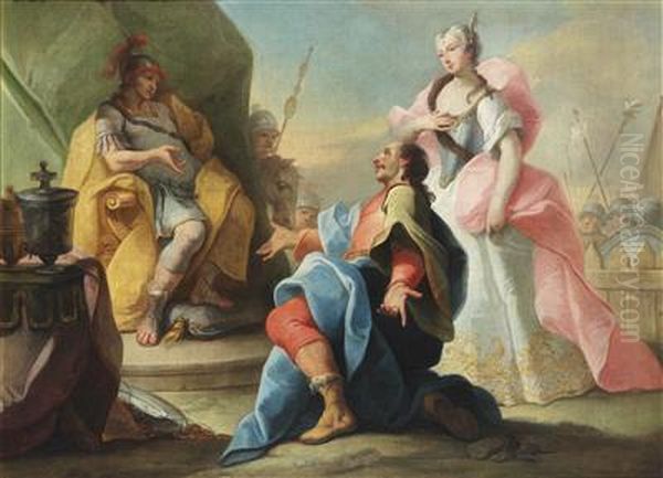 Anthony And Cleopatra; The Continence Ofscipio Oil Painting by Pietro Antonio Novelli