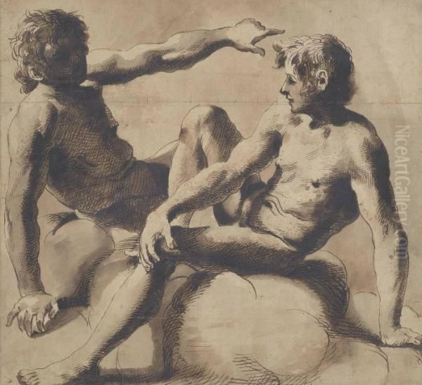 Two Seated Male Nudes Oil Painting by Pietro Antonio Novelli