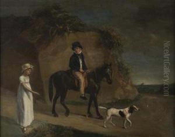 Portrait Of A Boy On A Pony And A Girl In A White Dress On Apath Oil Painting by William Novice