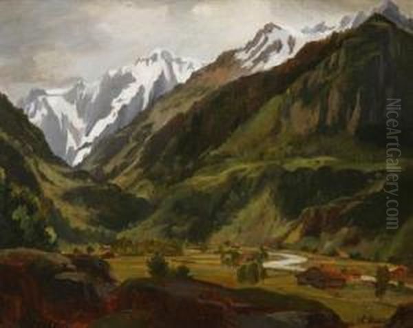 An Alpine Valley Oil Painting by Johann Novopacky