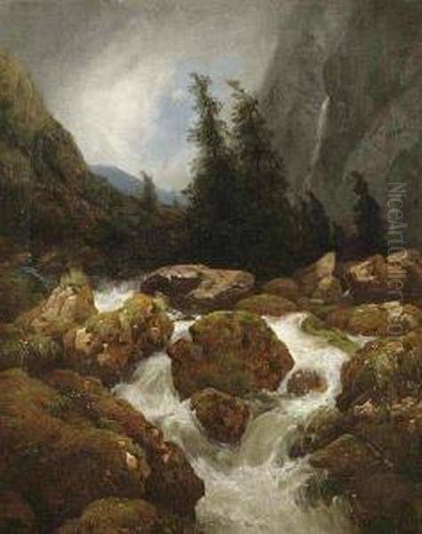 A Mountain Brook Oil Painting by Johann Novopacky