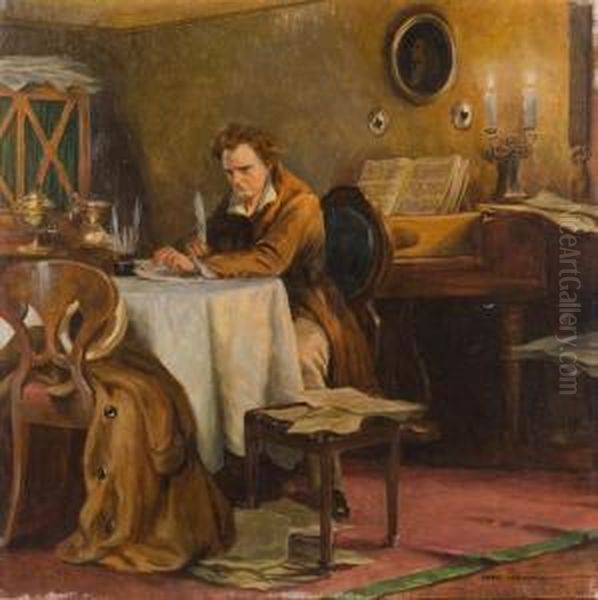 Gentleman At Desk Writing A Musical Composition By Candlelight Oil Painting by Otto Nowak