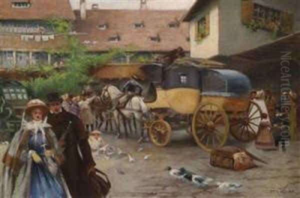 Arrival Of The Horse-drawn Carriage Oil Painting by Otto Nowak