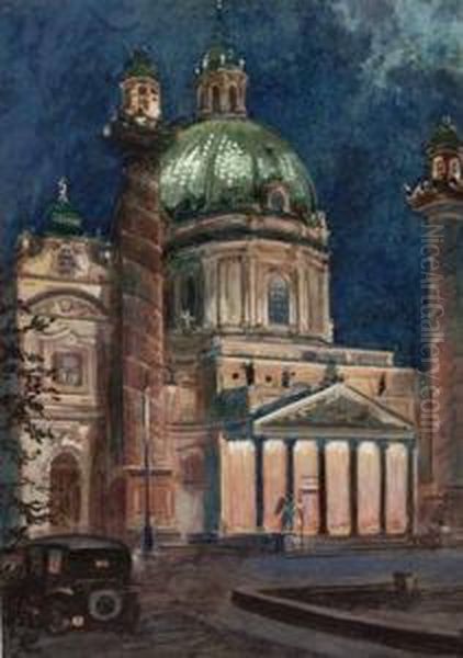 Wien, Karlskirche Bei Nacht Oil Painting by Otto Nowak