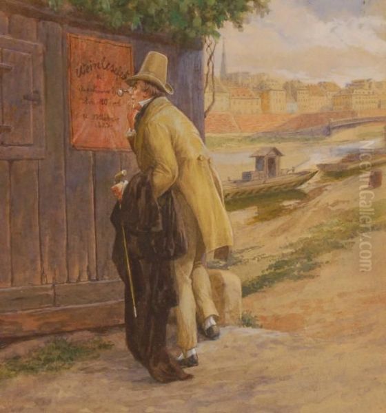 Gentleman Studying A Wine Festival Poster By The River Oil Painting by Otto Nowak