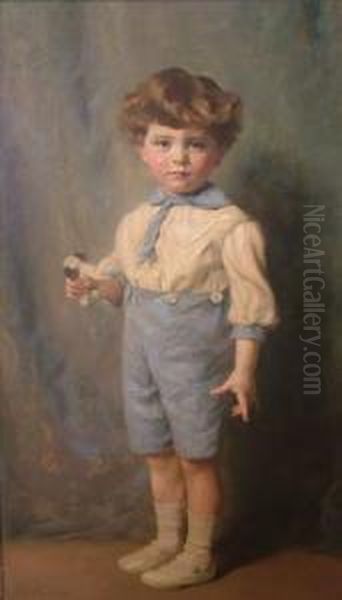 Portraitof Edward, Son Of Sir Percy Bates, Full Length Standing, Holding Atoy Oil Painting by Arthur Trevethin Nowell