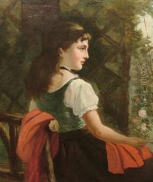 Portrait Of A Young Woman Seatedthree-quarter Length Turned To The Right On A Terrace Oil Painting by Mary Noyes