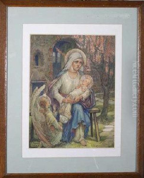 The Virgin & Child Attended By An Angel Oil Painting by Noyes-Lewis