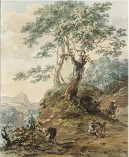 A Hilly Landscape With A Seated Traveller And Two Dogs, And Three Horsemen Approaching Oil Painting by Hermanus Numan