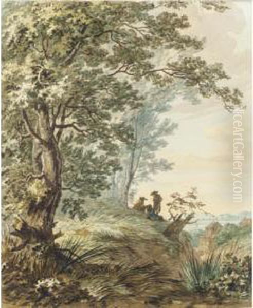 View From The Crest Of A Wooded Hill, With Three Seated Travellers And Houses Beyond Oil Painting by Hermanus Numan