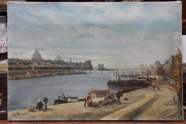 Les Quais De Paris Oil Painting by Auguste Numans