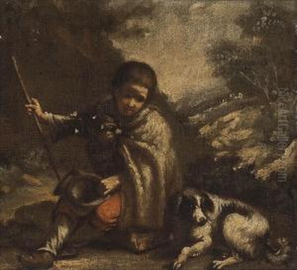 A Young Boy And A Dog In A Landscape Oil Painting by Pedro Nunez De Villavicencio