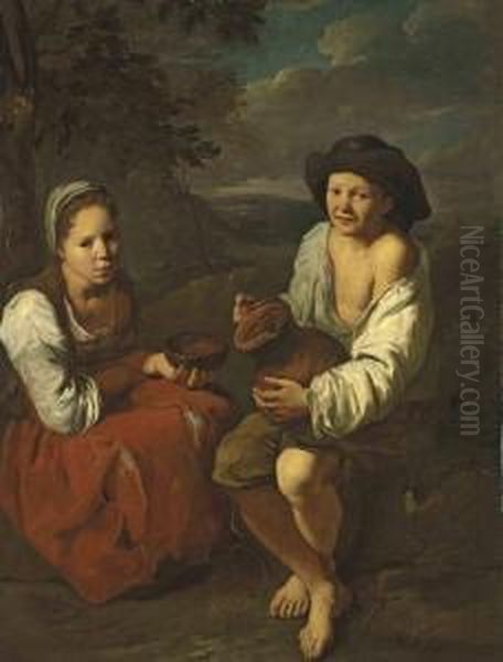 Two Young Peasants In A Landscape Oil Painting by Pedro Nunez De Villavicencio