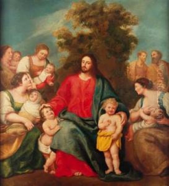 Jesus Con Los Ninos Oil Painting by Pedro Nunez Del Valle