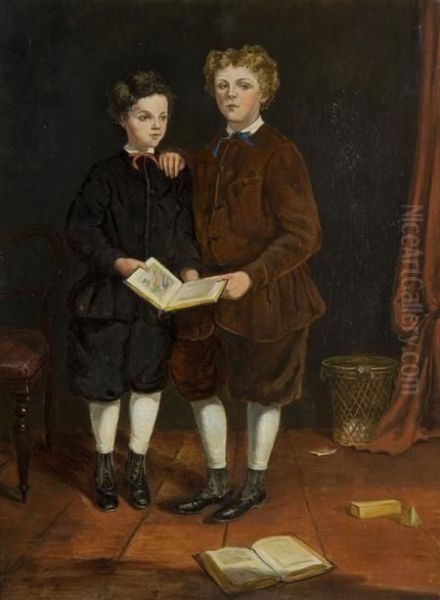 A Double Portrait Of Two Boys In The School Room Oil Painting by Claude Lorraine Nursey