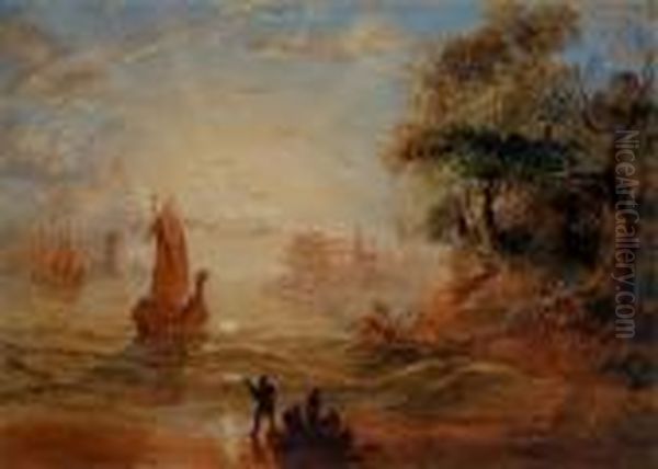 A Romantic Harbour Scene At Sunset Oil Painting by Claude Lorraine Nursey