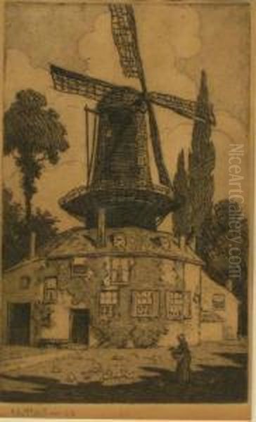 Untitled - Dutch Windmill Oil Painting by Charles Nuttall