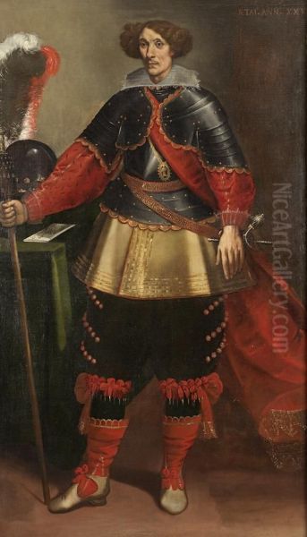 Portrait Of A Gentlemen In Armour, Standing Full-length, Holding A Staff, His Helmet And A Letter On A Draped Table Beside Him Oil Painting by Carlo Francesco Nuvolone