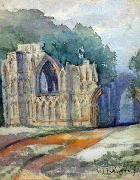 A Ruined Abbey Oil Painting by Wijnandus Johannes Josephus Nuijen