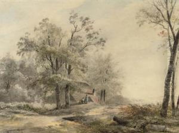 A Wooded Landscape With Travellers Resting (recto); And A Study Oftwo Figures (verso) Oil Painting by Wijnandus Johannes Josephus Nuijen